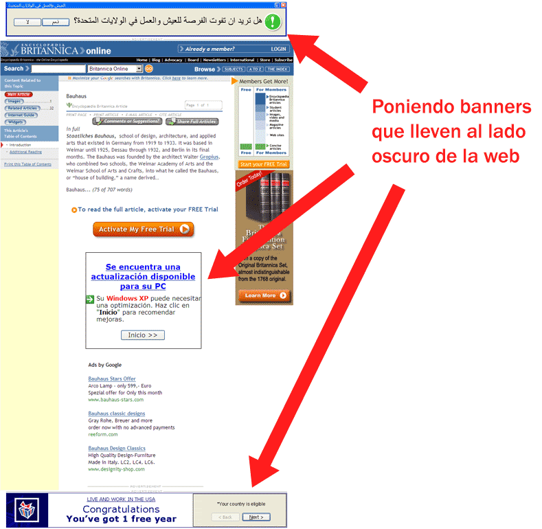 Banners que lleven al lado oscuro de la web en una página de la Enciclopedia Británica