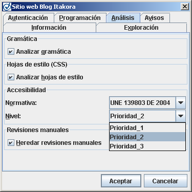 Usar la normativa. Paso 2. Pestaña Añalisis. Configurar norma y prioridad